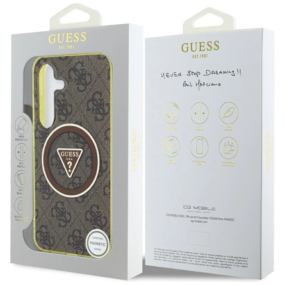 Guess 4G Glitter Triangle Buttons MagSafe Case til Samsung Galaxy S25 Brunt