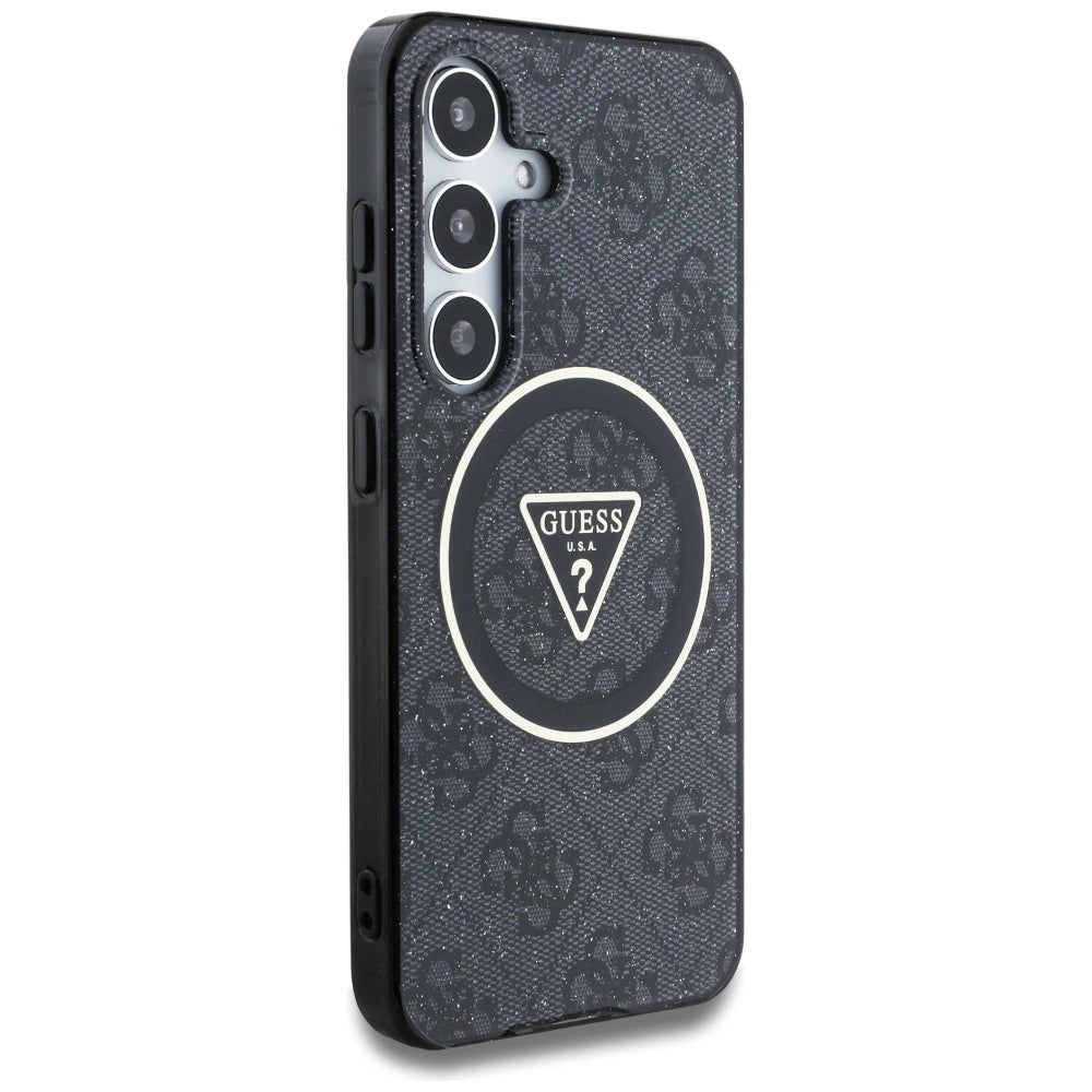Guess 4G Glitter Triangle Buttons MagSafe Case til Samsung Galaxy S25 Plus sort