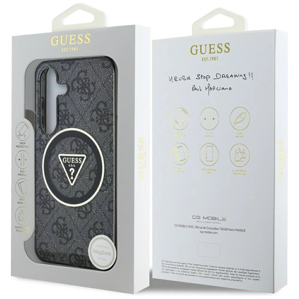 Guess 4G Glitter Triangle Buttons MagSafe Case til Samsung Galaxy S25 Plus sort