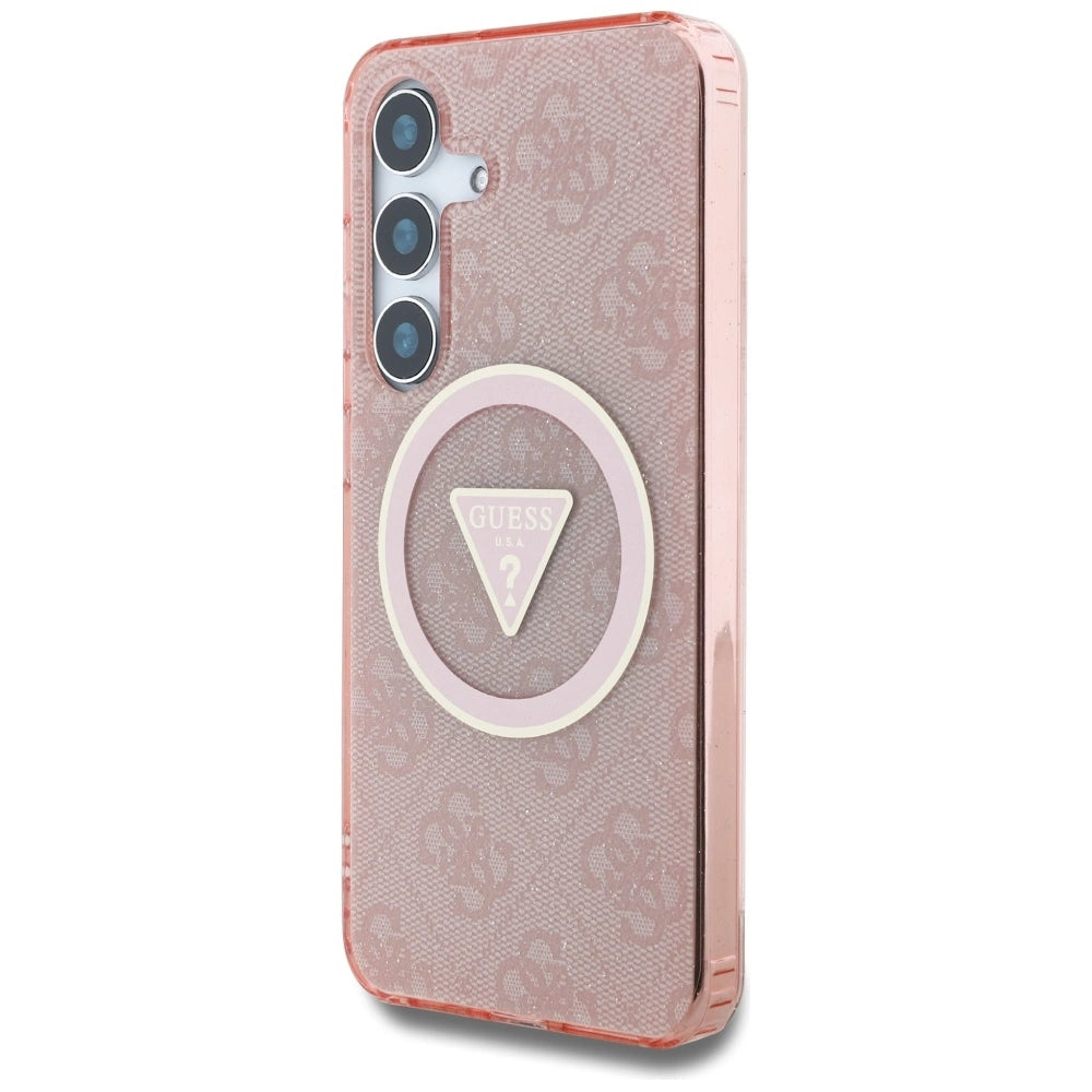 Guess 4G Glitter Triangle Buttons MagSafe Case til Samsung Galaxy S25 Pink