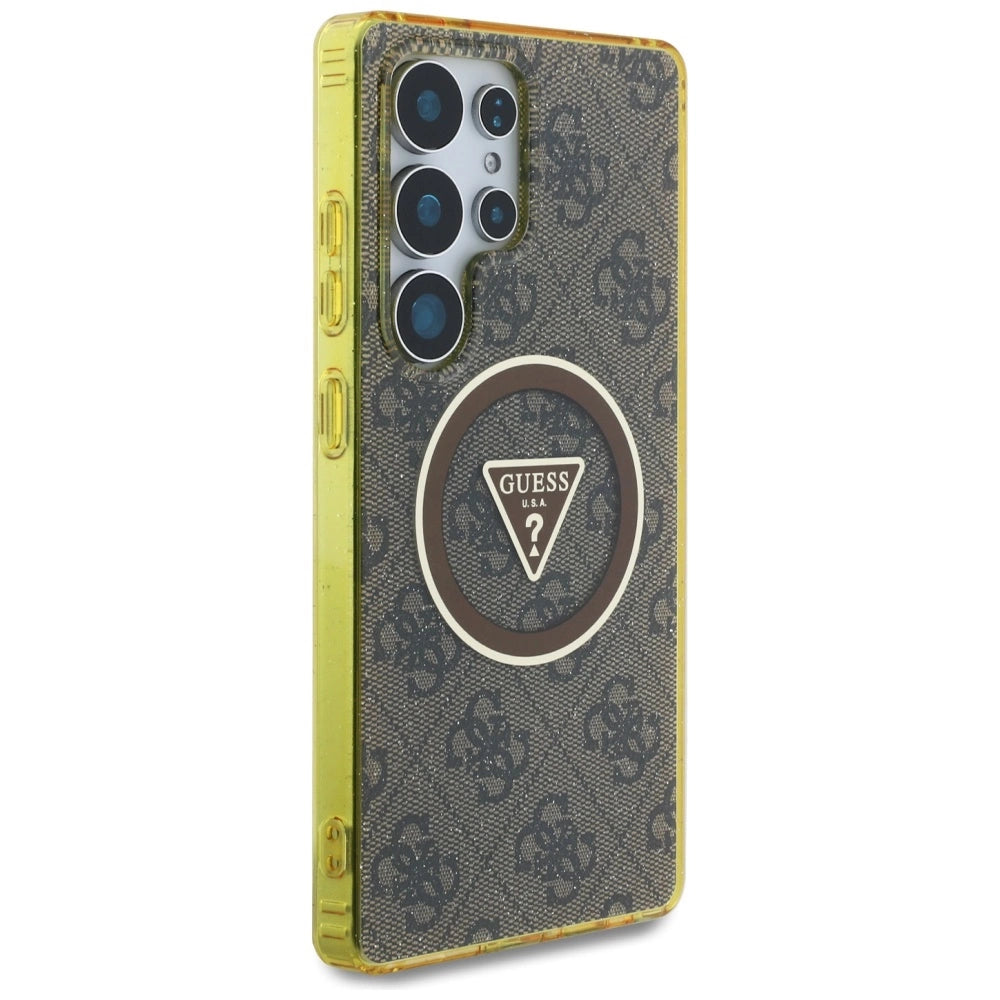 Guess 4G Glitter Triangle Buttons MagSafe Case til Samsung Galaxy S25 Ultra Brown