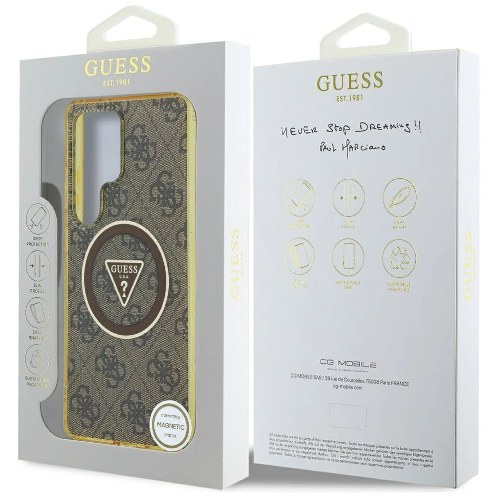 Guess 4G Glitter Triangle Buttons MagSafe Case til Samsung Galaxy S25 Ultra Brown