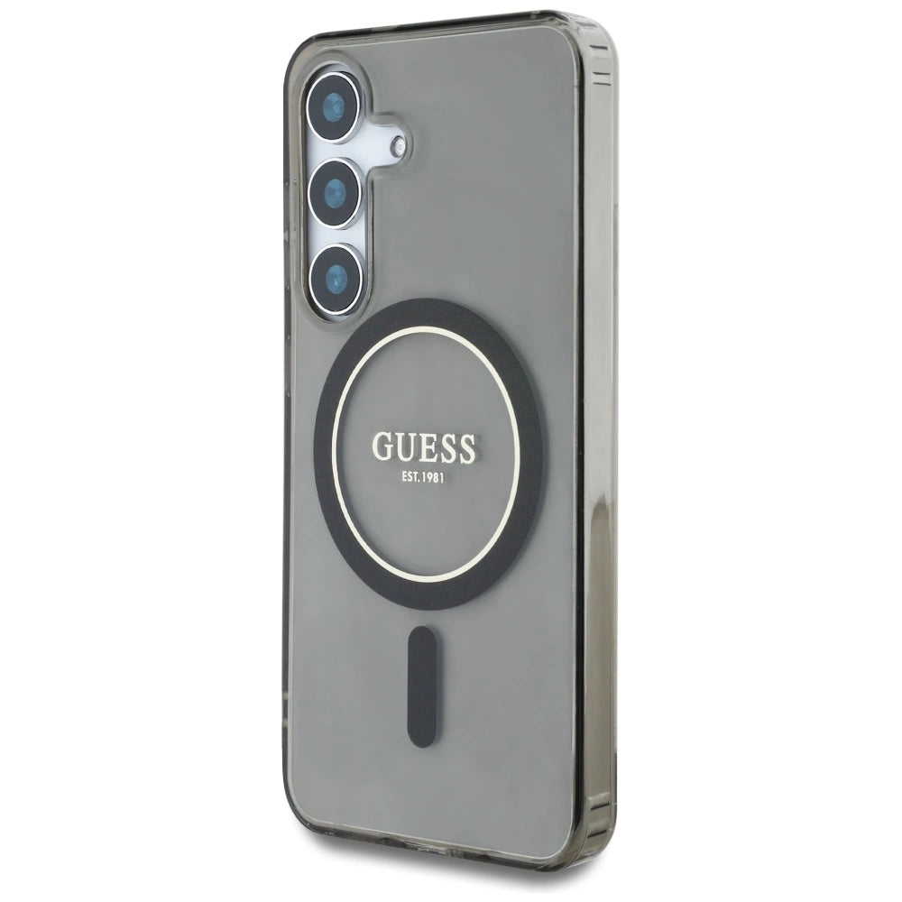 Guess Glitter Circle Classic Logo MagSafe-hylster til Samsung Galaxy S25 sort