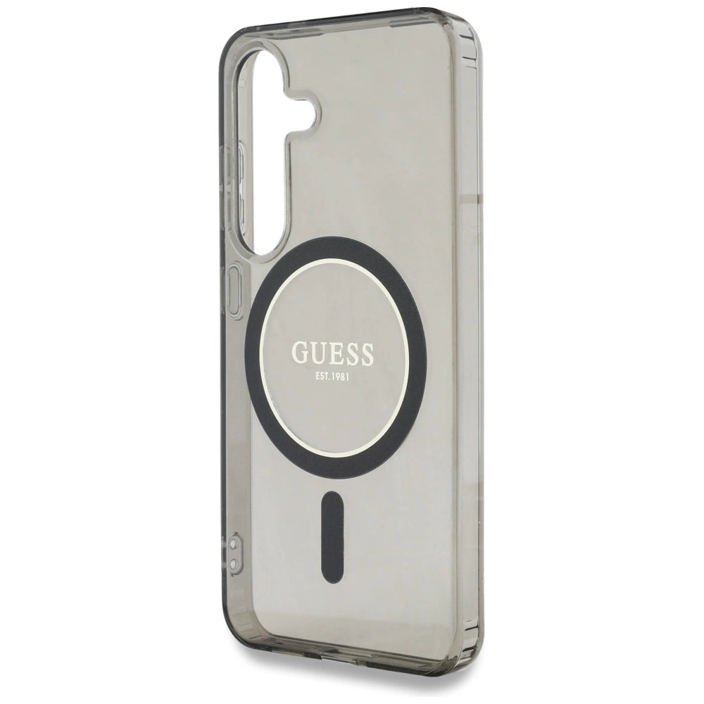 Guess Glitter Circle Classic Logo MagSafe-hylster til Samsung Galaxy S25 sort