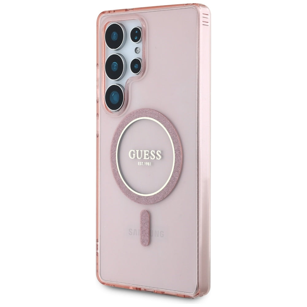 Guess Glitter Circle Classic Logo MagSafe Case for Samsung Galaxy S25 Ultra Pink
