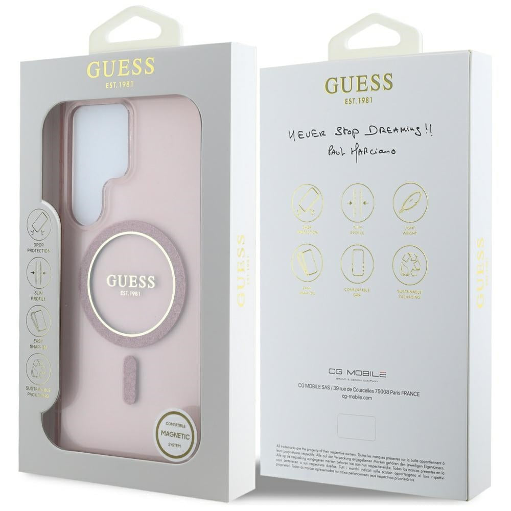 Guess Glitter Circle Classic Logo MagSafe Case for Samsung Galaxy S25 Ultra Pink
