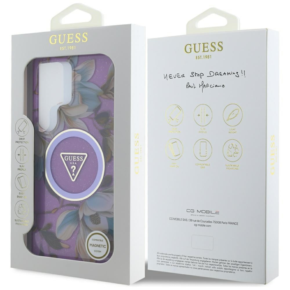 Guess Glitter Flowers Triangle Buttons MagSafe case til Samsung Galaxy S25 Ultra - lilla