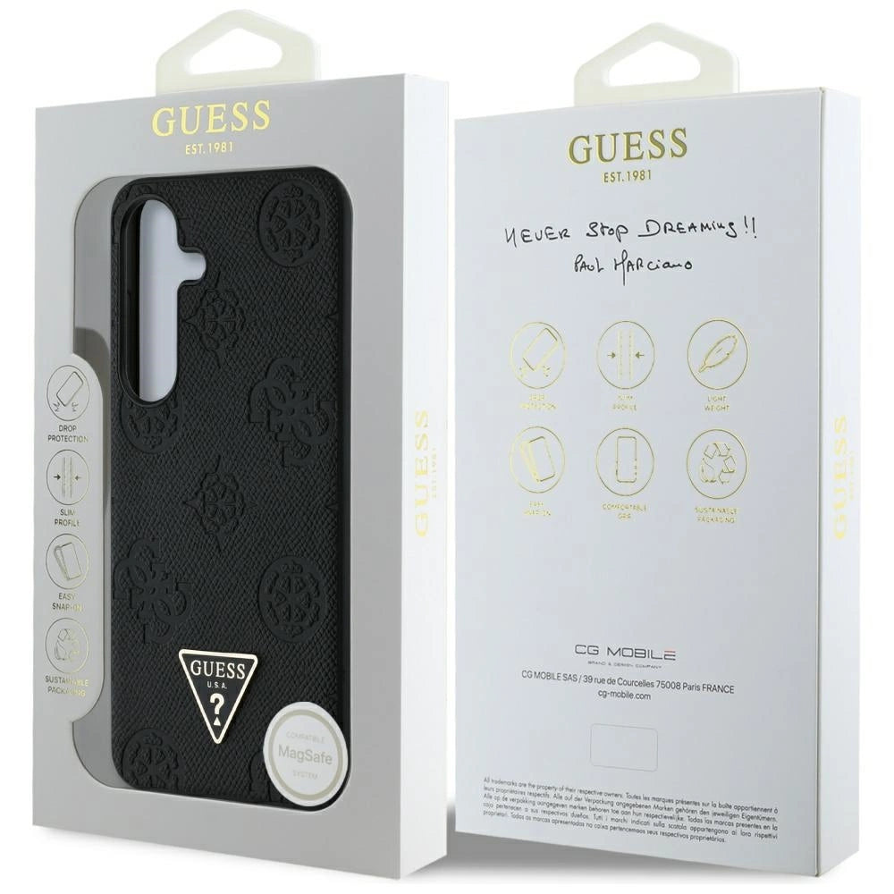 Guess Grained Hot Stamp Peony Pattern Triangle Logo MagSafe Case til Samsung Galaxy S25 sort