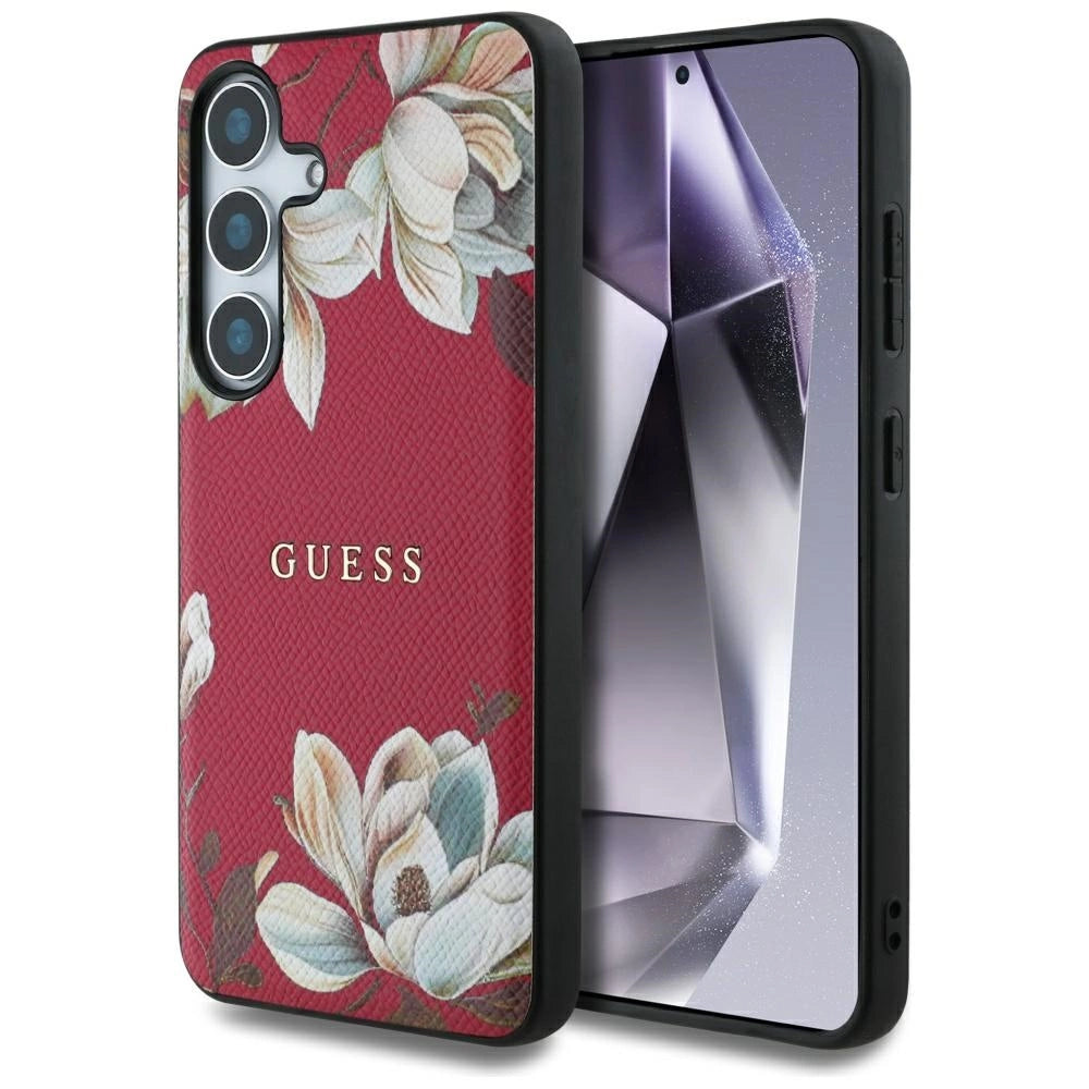 Guess Grained Printed Flower Pattern MagSafe case til Samsung Galaxy S25 fuchsia