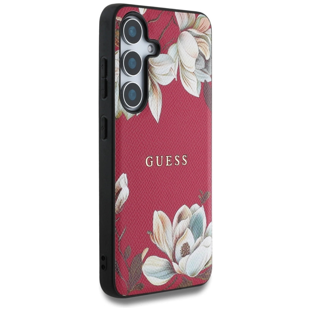 Guess Grained Printed Flower Pattern MagSafe case til Samsung Galaxy S25 fuchsia