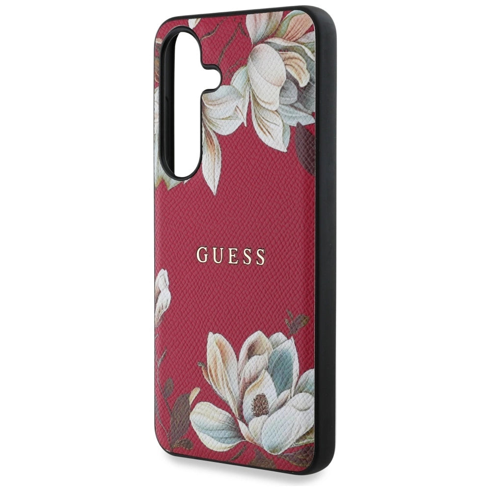 Guess Grained Printed Flower Pattern MagSafe case til Samsung Galaxy S25 fuchsia