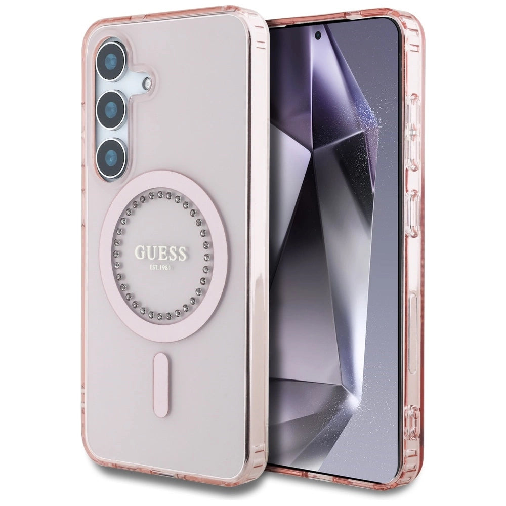 Guess Rhinestones Printed Classic Logo MagSafe Samsung Galaxy S25 Case Pink
