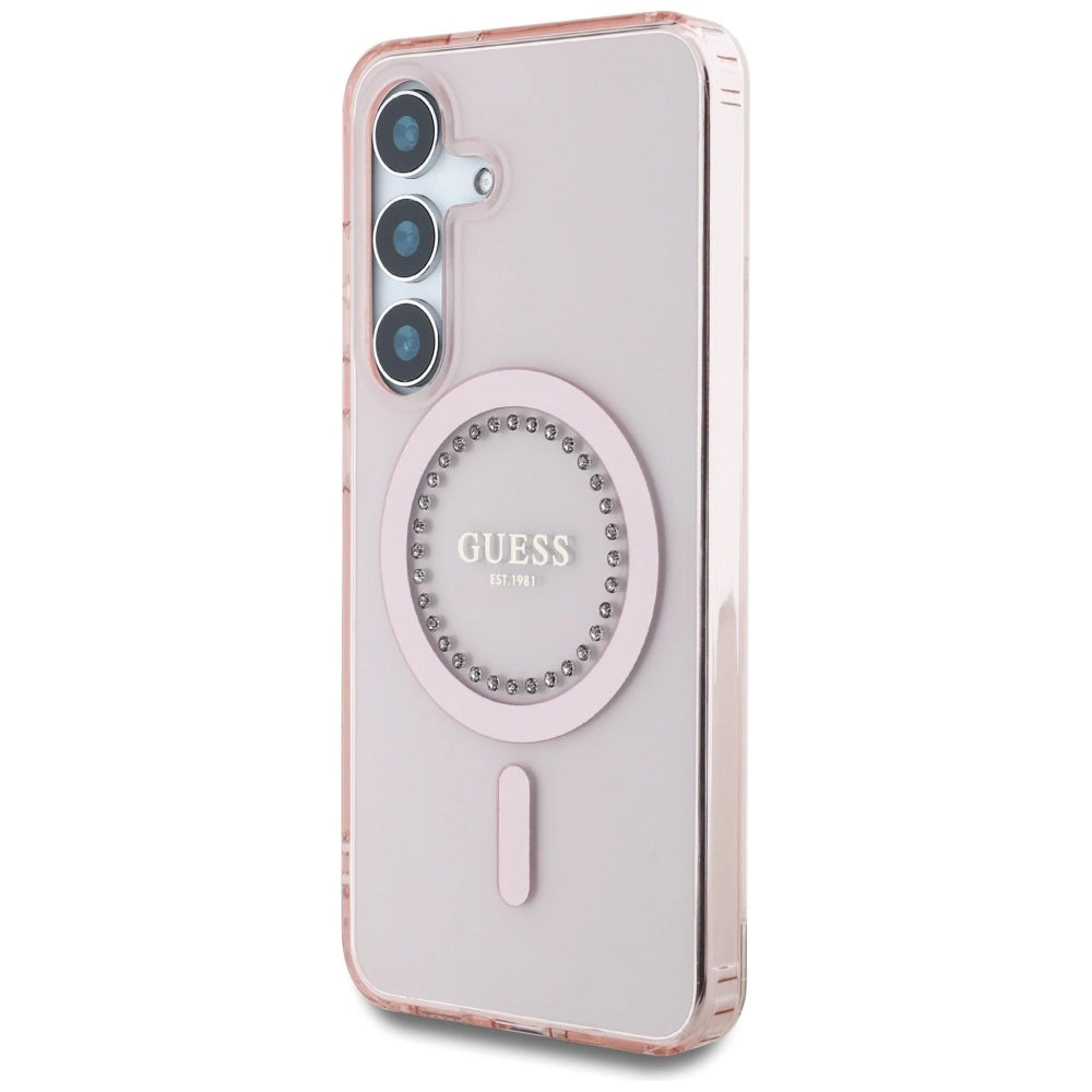 Guess Rhinestones Printed Classic Logo MagSafe Samsung Galaxy S25 Case Pink