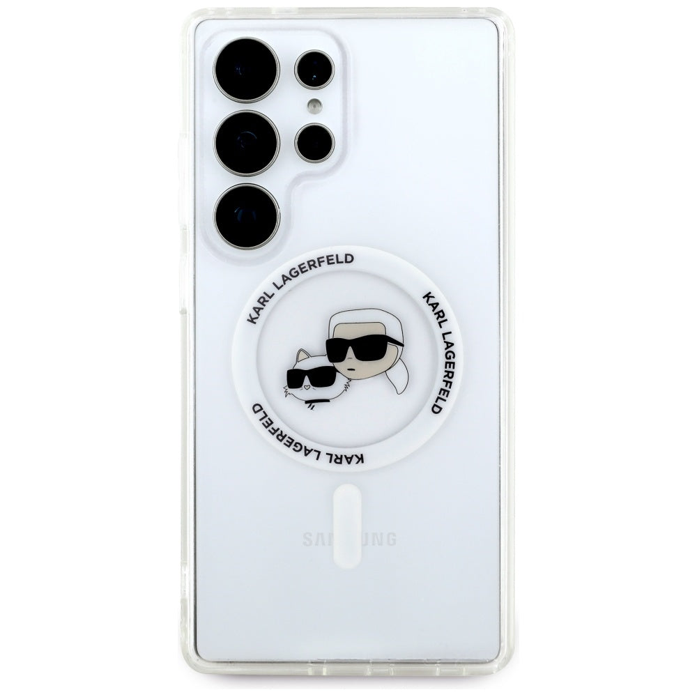 Case Karl Lagerfeld Button Karl & Choupette Heads Printed Logo MagSafe Samsung Galaxy S25 Ultra hvid