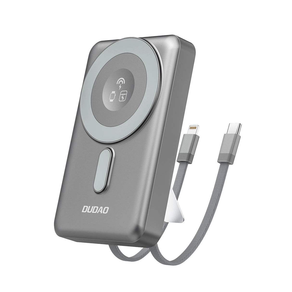Dudao K29 10000mAh PD 20W MagSafe Power Bank med metalkasse, stativ og indbyggede USB-C/ Lightning-kabler - Grå