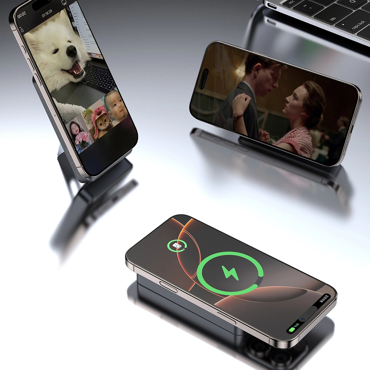 Dudao K29 10000mAh PD 20W MagSafe Power Bank med metalkasse, stativ og indbyggede USB-C/ Lightning-kabler - Grå