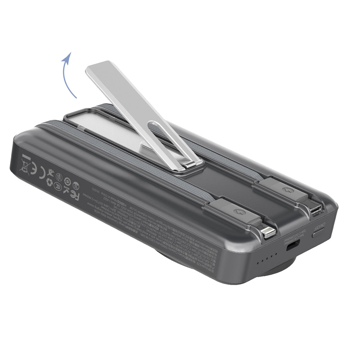 Dudao K29 10000mAh PD 20W MagSafe Power Bank med metalkasse, stativ og indbyggede USB-C/ Lightning-kabler - Grå