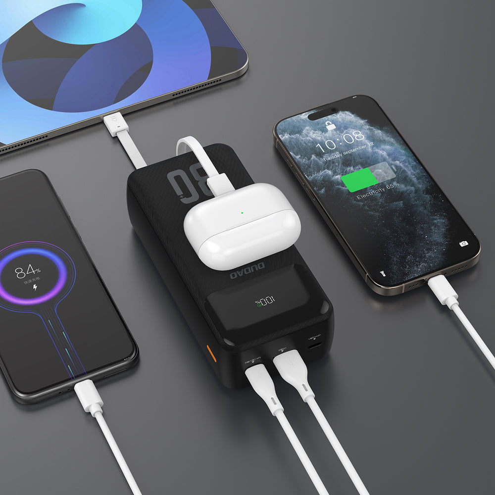 Dudao K15MAX 30000mAh PD 22.5W Powerbank med indbyggede kabler - sort