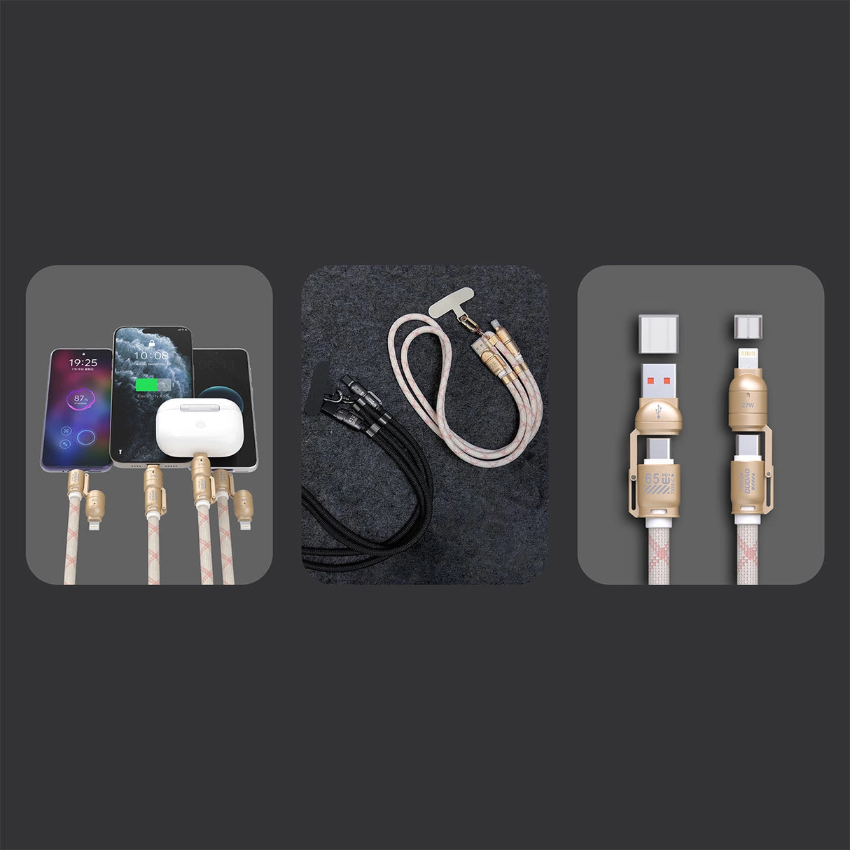 Dudao L20MAX 4in1 Kabel / Lanyard USB-A / USB-C / Lightning PD QC 65W 1,5m - Pink