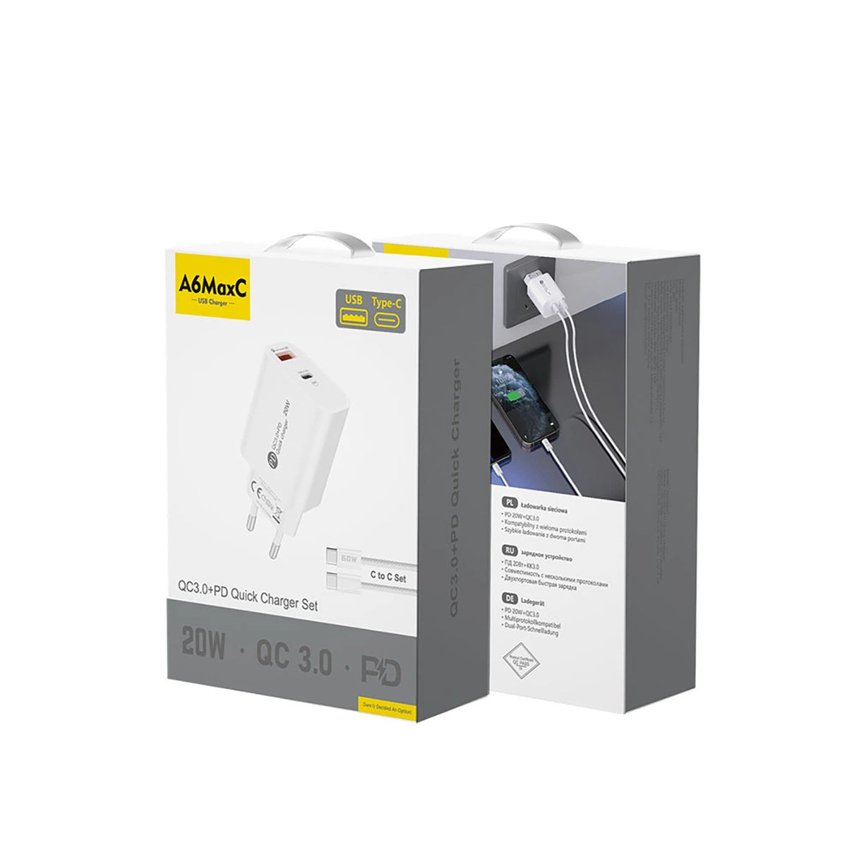 A6MaxL 20W USB-A USB-C vægoplader med USB-C - USB-C 1m kabel - hvid