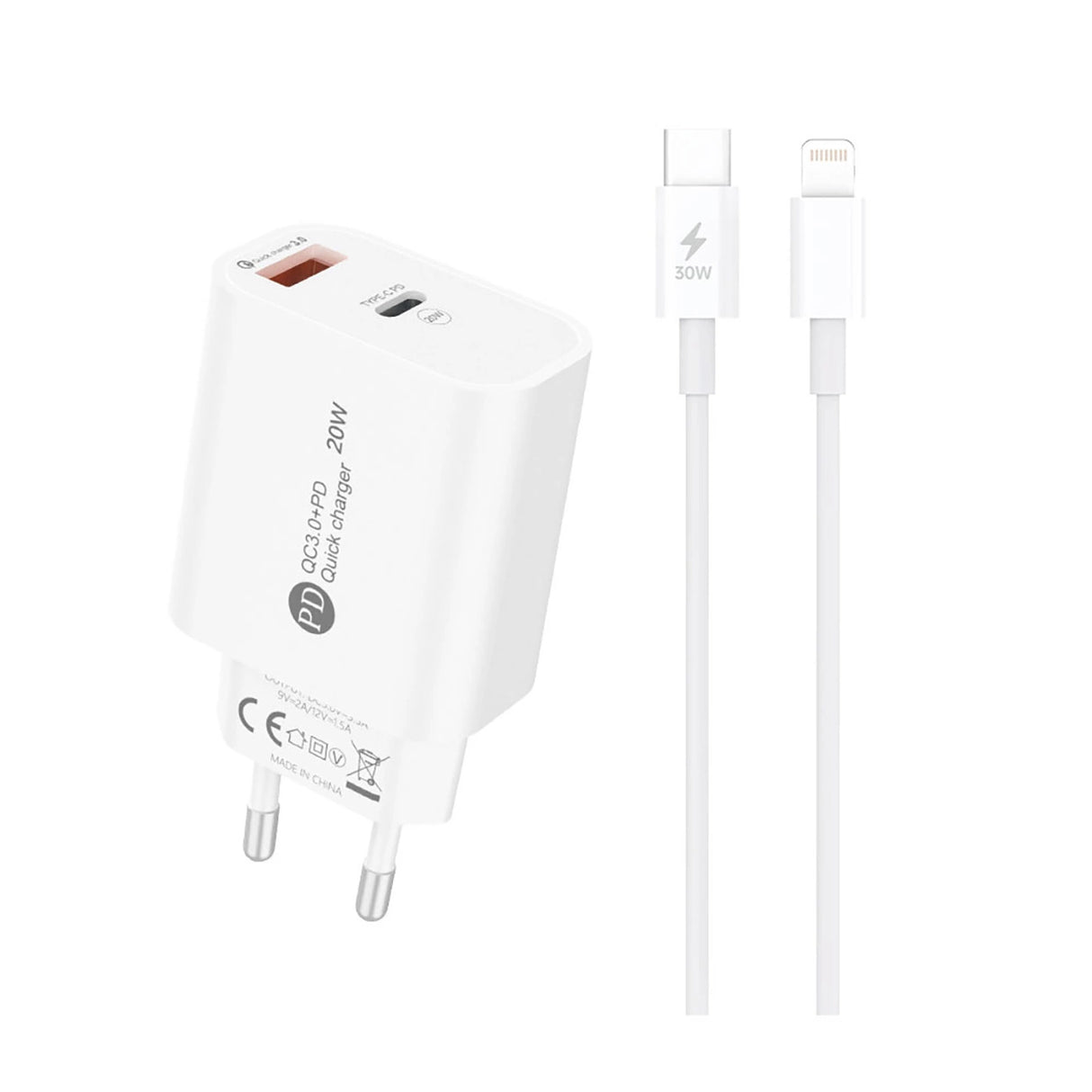 A6MaxL 20W USB-A USB-C Wall Charger med 1m USB-C - Lightning Cable - Hvid