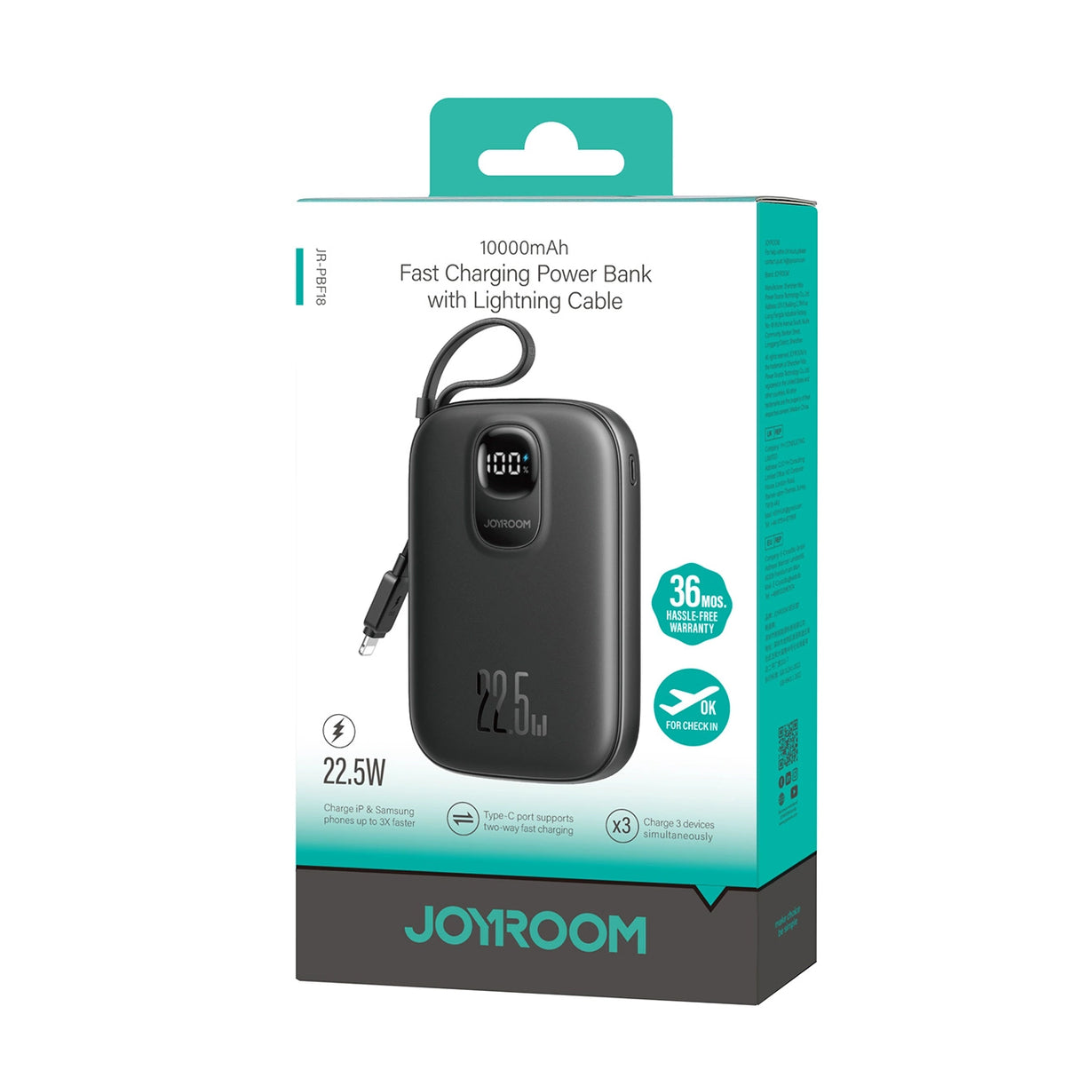 Joyroom JR-PBF18 22.5W 10000mAh Powerbank med indbygget Lightning-kabel + USB-C-kabel 0,25 cm - sort