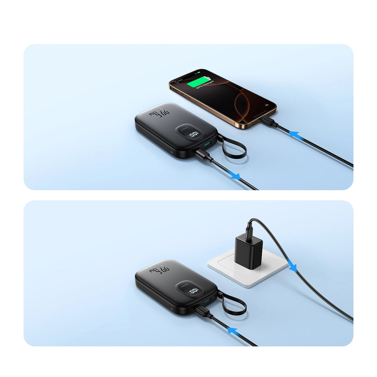 Joyroom JR-PBF18 22.5W 10000mAh Powerbank med indbygget Lightning-kabel + USB-C-kabel 0,25 cm - sort