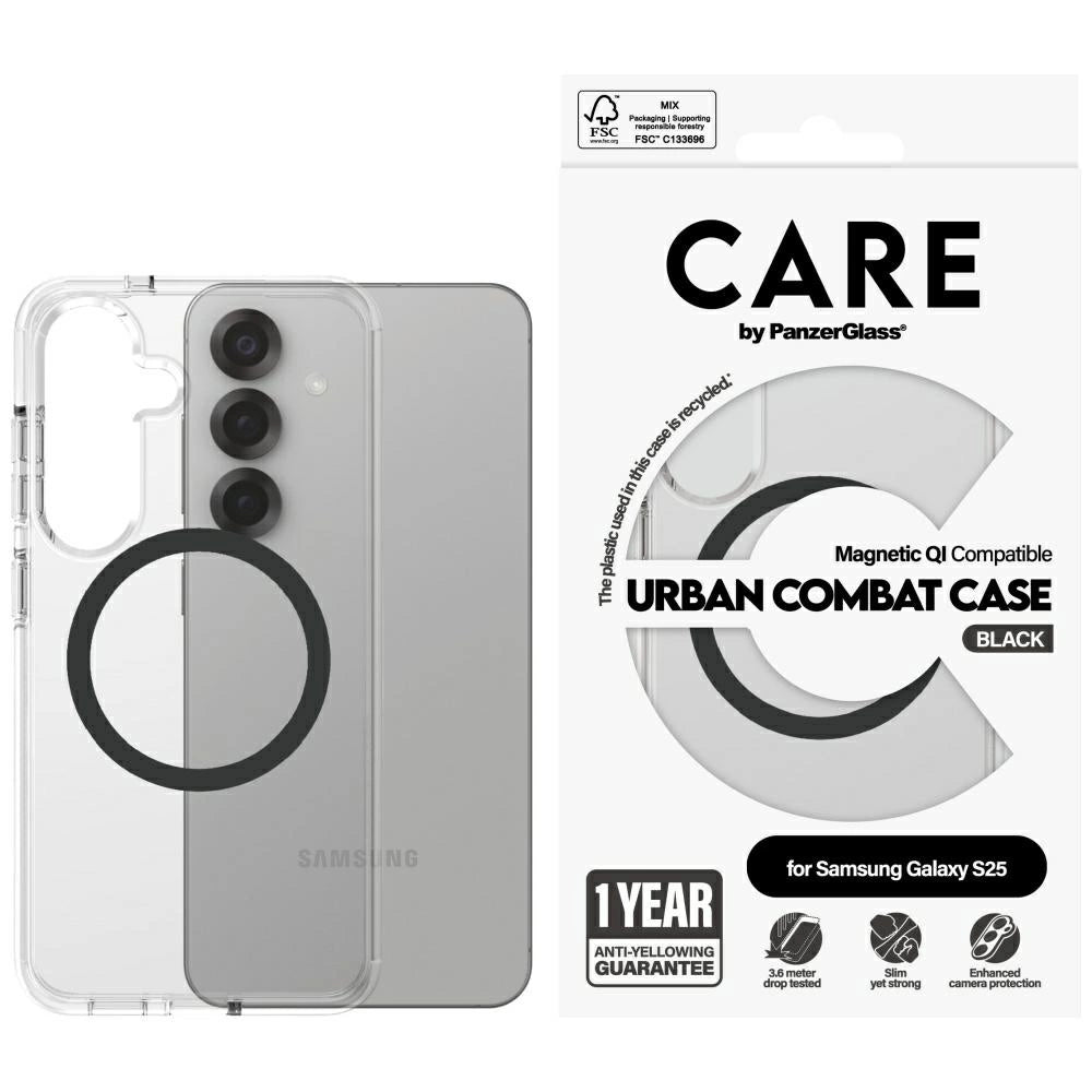 CARE af PanzerGlass Flagship Urban Combat Black QI Case til Samsung Galaxy S25 - Transparent