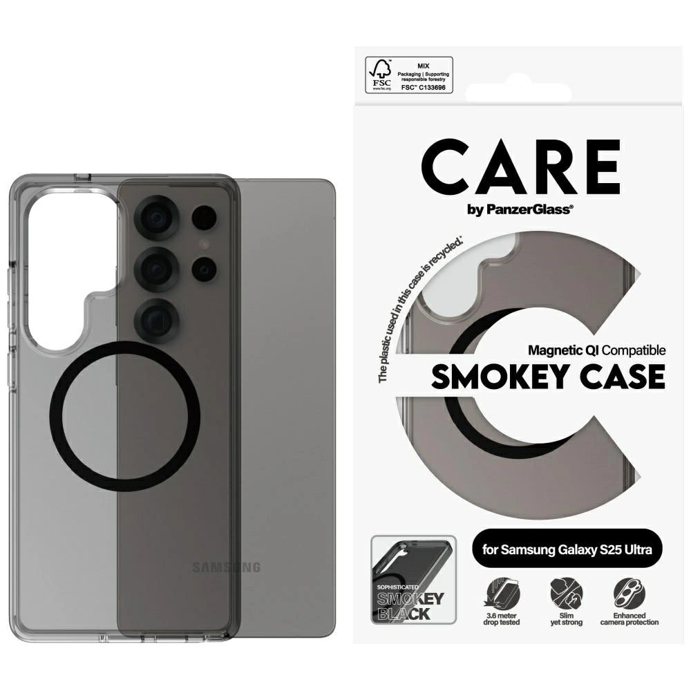 CARE af PanzerGlass Flagship Urban Combat Black QI Case til Samsung Galaxy S25 Ultra - Halvt gennemsigtig røg