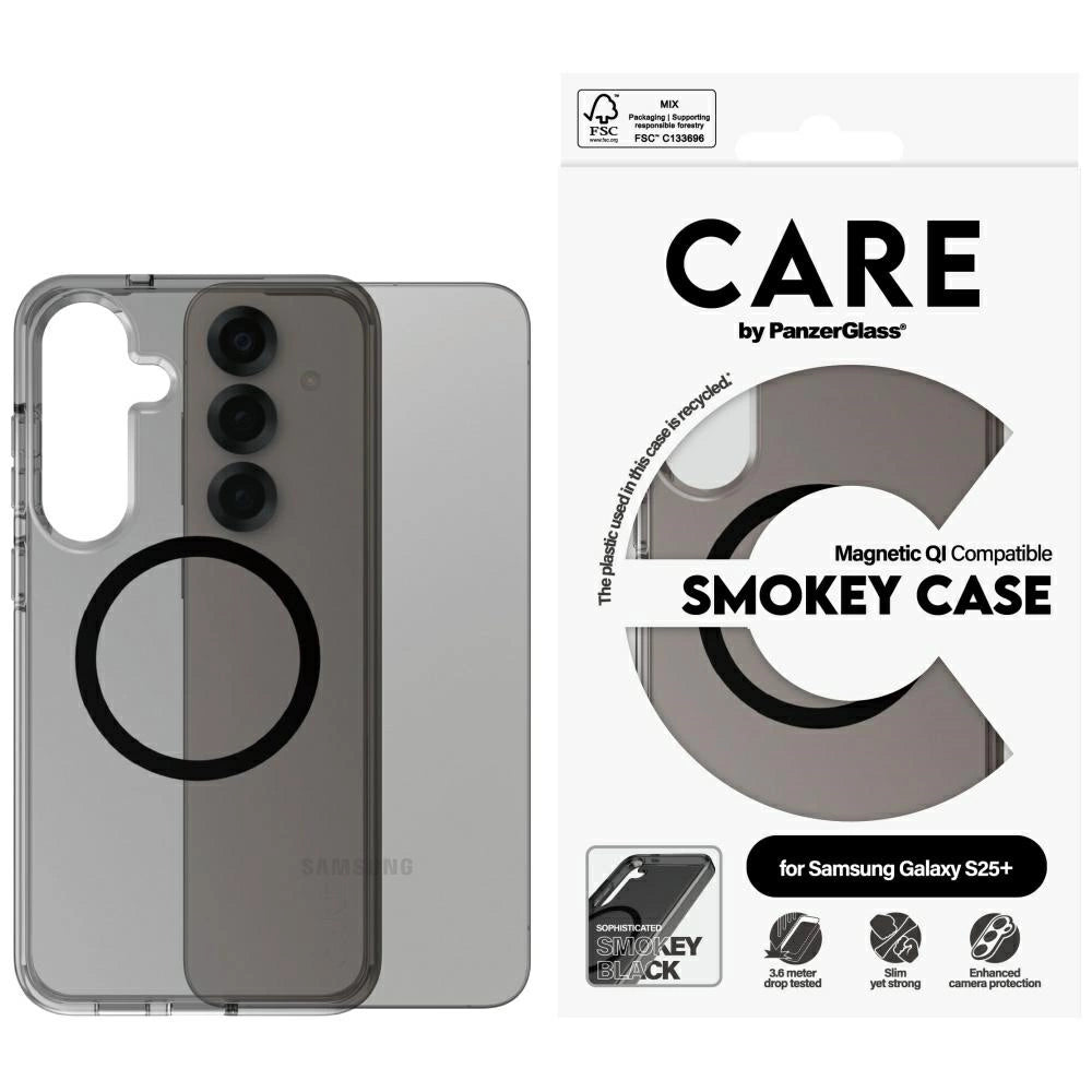 CARE af PanzerGlass Flagship Urban Combat Black QI Case til Samsung Galaxy S25+ - Halvt gennemsigtig røg
