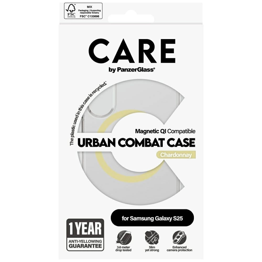 CARE af PanzerGlass Flagship Urban Combat Chardonnay QI Case til Samsung Galaxy S25 - Transparent