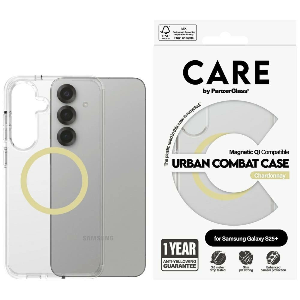 CARE af PanzerGlass Flagship Urban Combat Chardonnay QI Case til Samsung Galaxy S25+ - Gennemsigtig