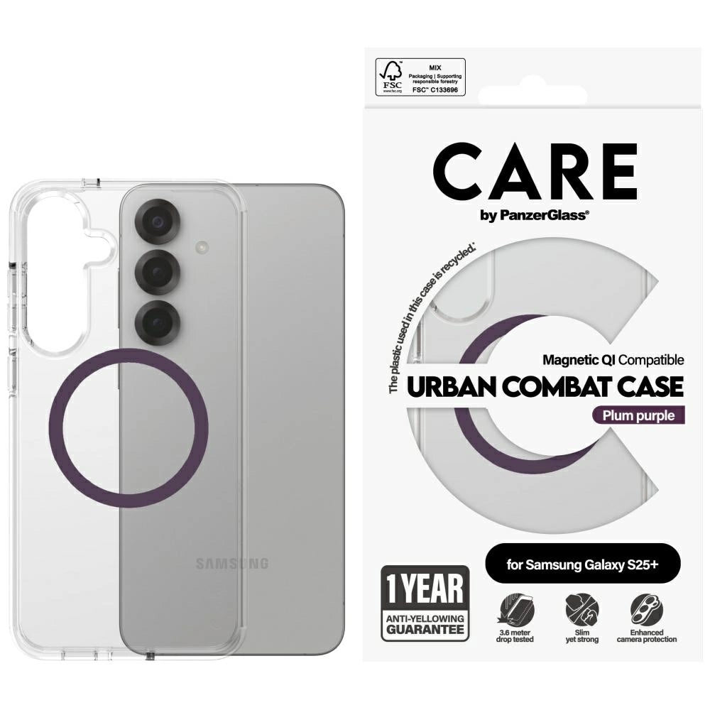 CARE af PanzerGlass Flagship Urban Combat Purple QI Case til Samsung Galaxy S25+ - Transparent