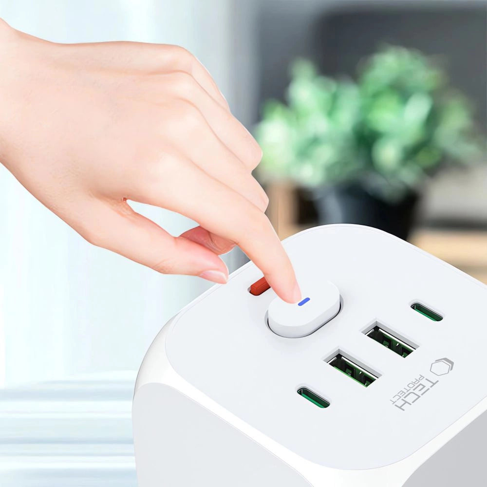 Tech-Protect PCL3x4 Power Strip, 2x USB-A, 2x USB-C, 3x AC Type Schuko - hvid