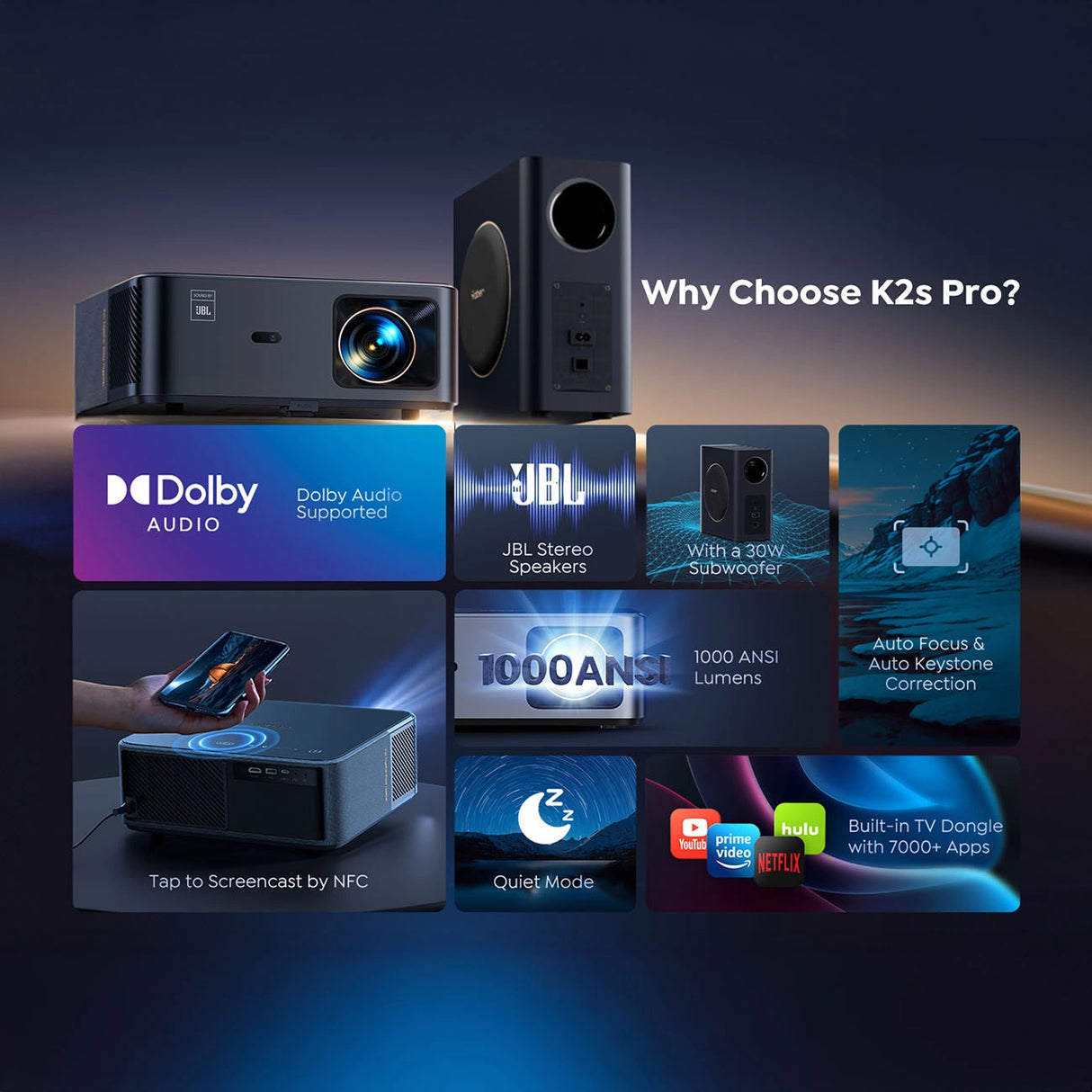 Yaber K2s Pro LCD FullHD 1080p Multimedia projektor med JBL højttalere og subwoofer - sort