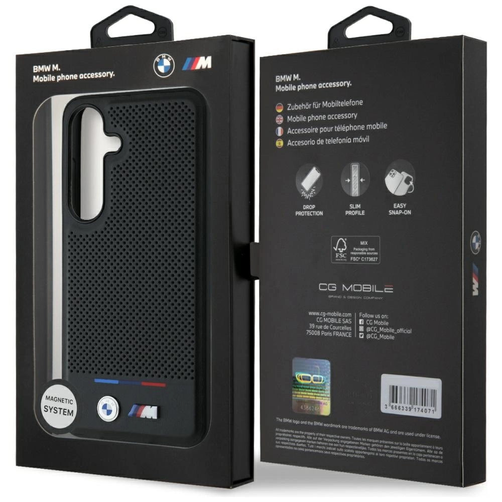 BMW læder Tricolor Stripe MagSafe Case til Samsung Galaxy S25 - sort