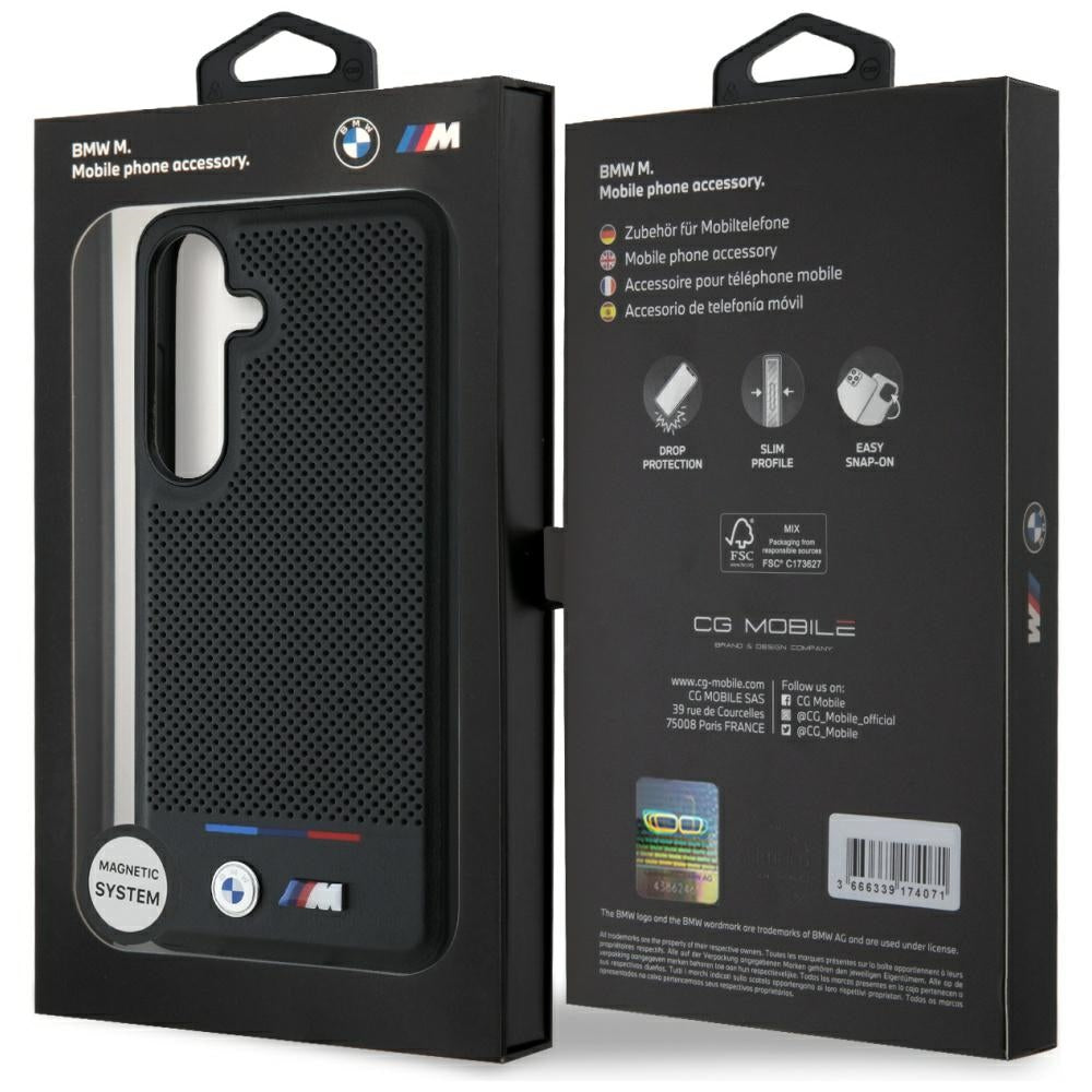 BMW Leather Tricolor Stripe MagSafe Case for Samsung Galaxy S25+ - Black