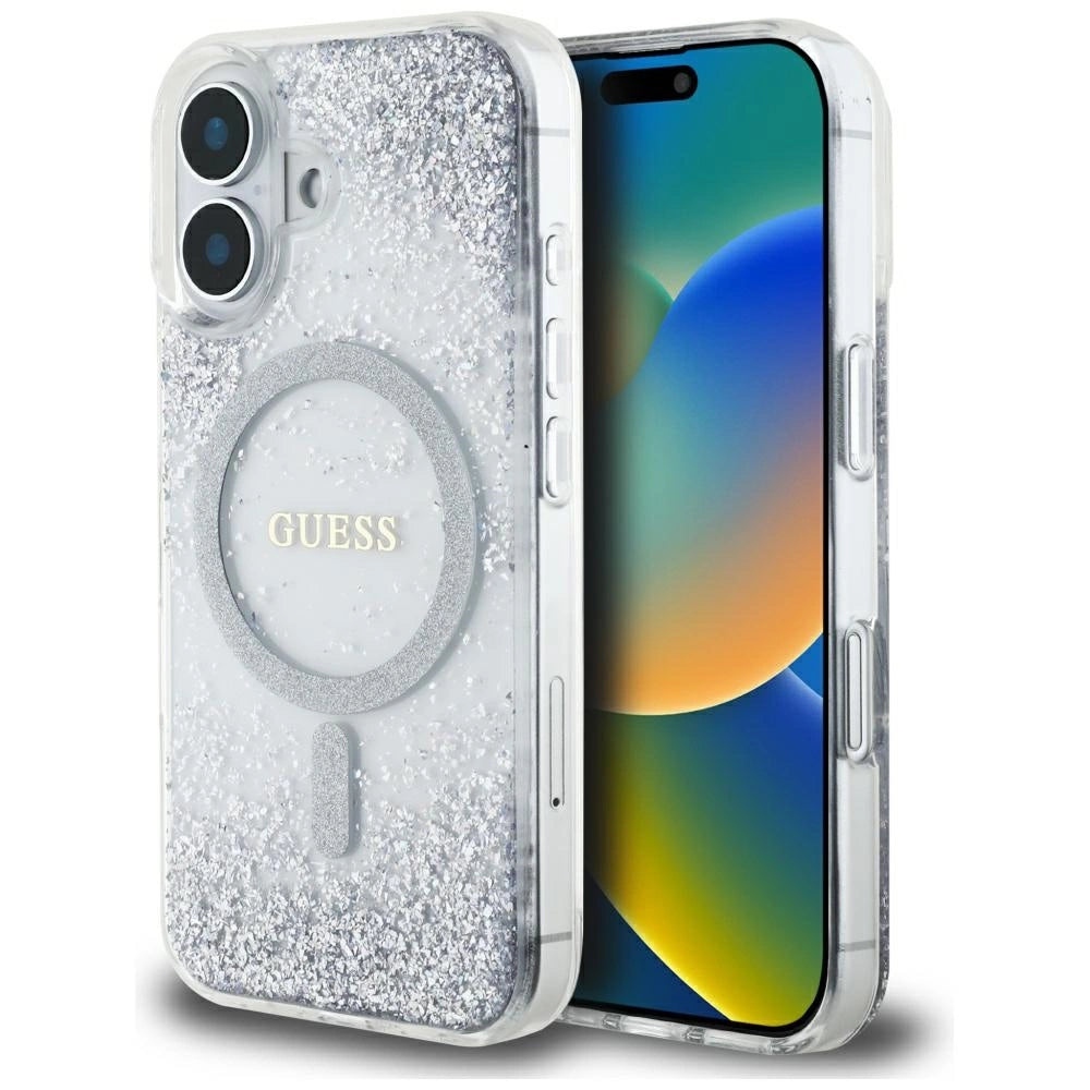 Guess HC Resin Bottom Glitter MagSafe-hylster til iPhone 16 - sølv
