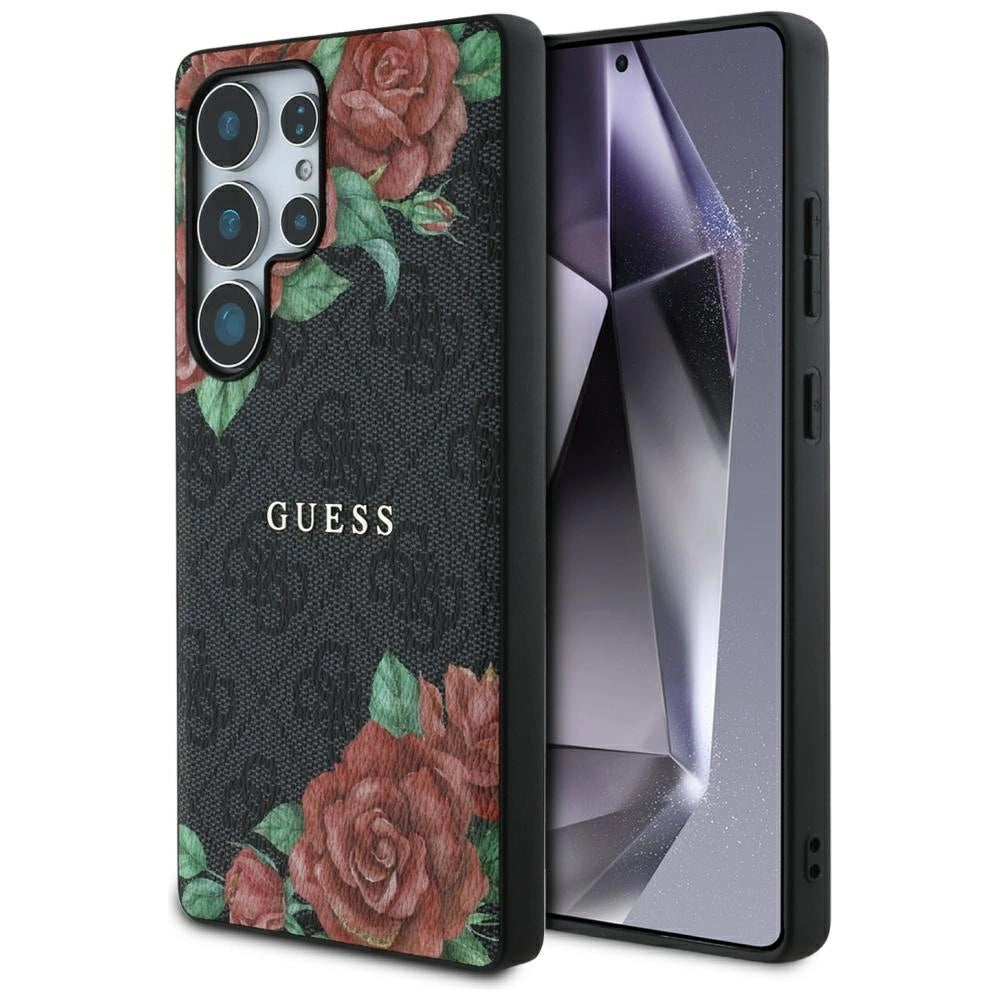 Guess læder 4G blomster Print Metal Classic Logo MagSafe Case til Samsung Galaxy S25 Ultra - sort
