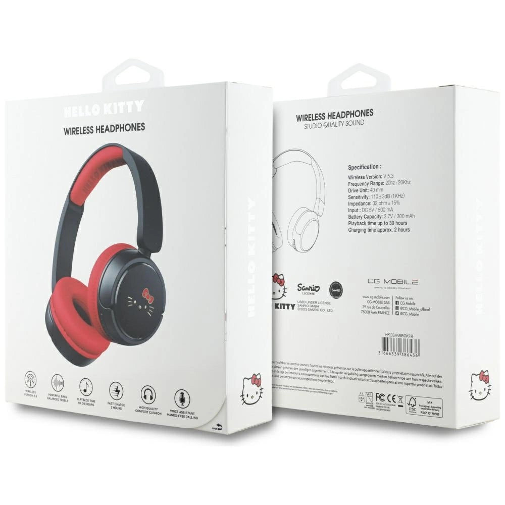 Hello Kitty Face Logo Bluetooth On-Ear Headphones - rød