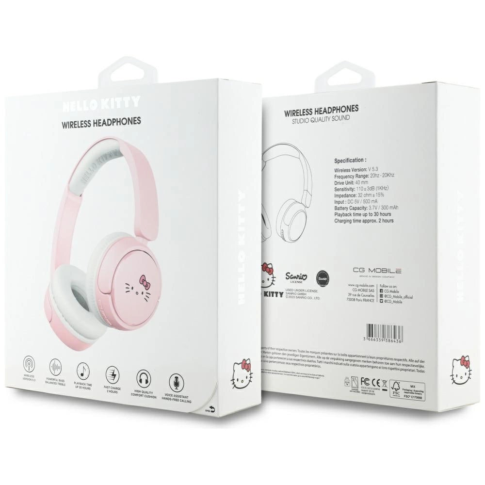 Hello Kitty Face Logo Bluetooth On-Ear Headphones - Pink