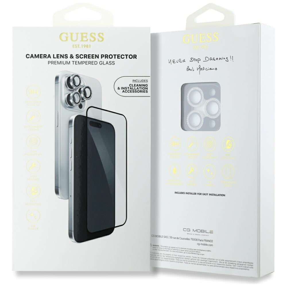 Guess BP Rhinestone 2in1 skærmbeskytter og kameraobjektiv sæt til iPhone 16 Pro Max - Silver