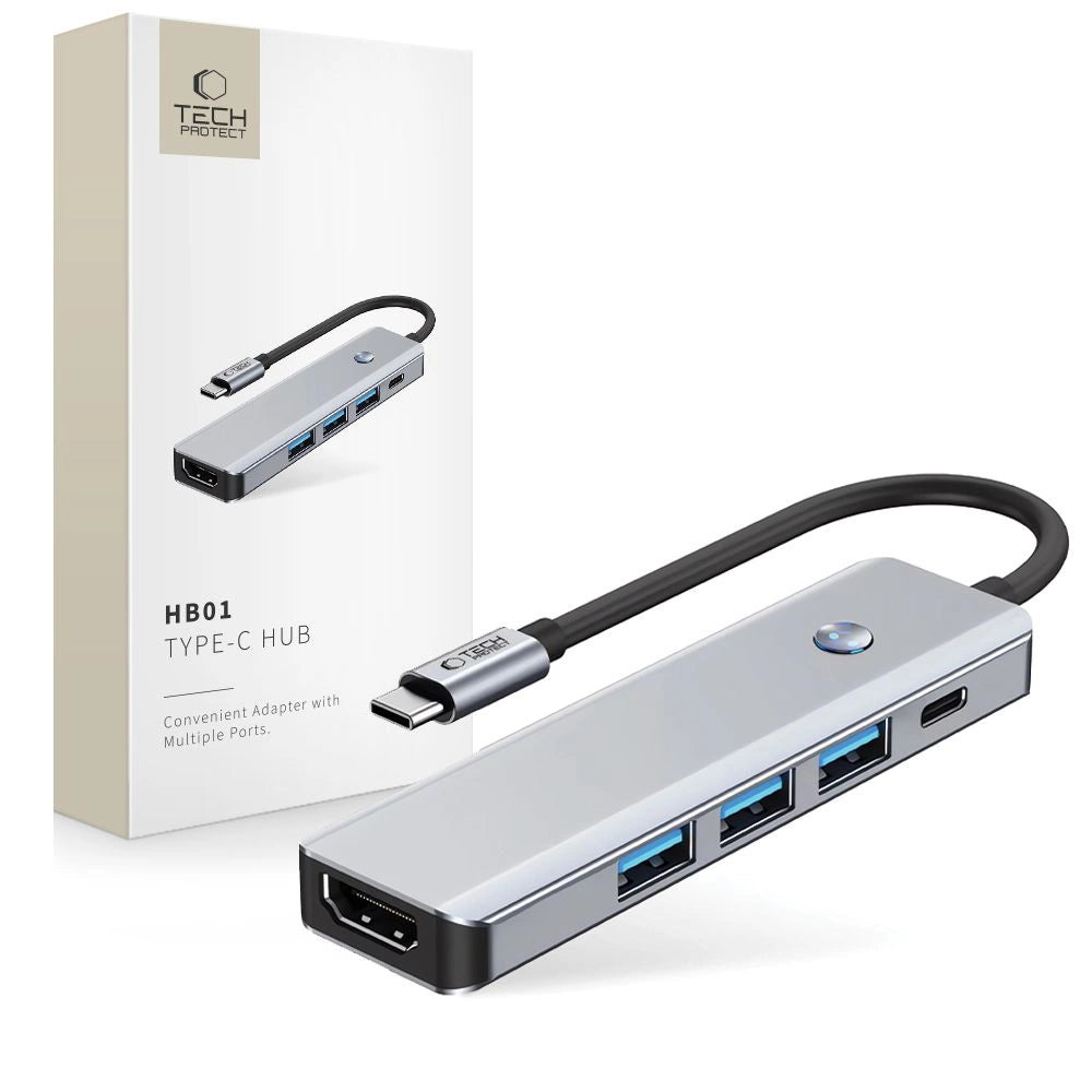 Tech-Protect HB01 HUB Adapter 5in1 USB-C + USB3.0 + HDMI 4K 60Hz + PD100W - grå