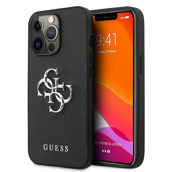 Guess Saffiano 4G Metal Logo-hylster til iPhone 13 Pro / 13 6.1" - sort