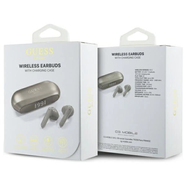 Guess langstrakt metaltrykt logo Bluetooth TWS hovedtelefoner + dockingstation - guld