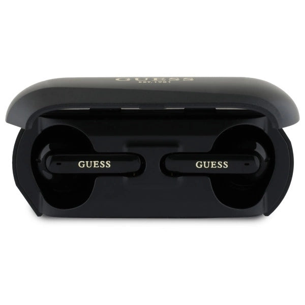 Guess langstrakt metalsk trykt logo Bluetooth TWS hovedtelefoner + Docking Station - sort