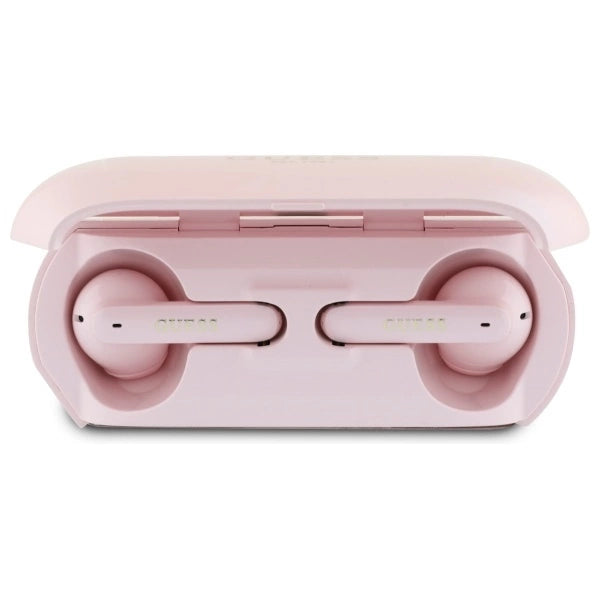 Guess langstrakt metaltrykt logo Bluetooth TWS hovedtelefoner + dockingstation - Pink