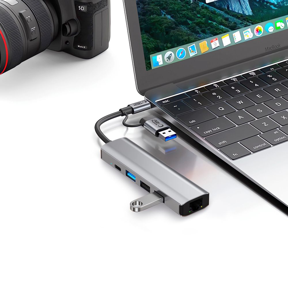 Tech Protect Hb03 Hub Adapter 5 I 1 Type C + Usb 2.0 + Usb 3.0 + Rj45 Spacegrå