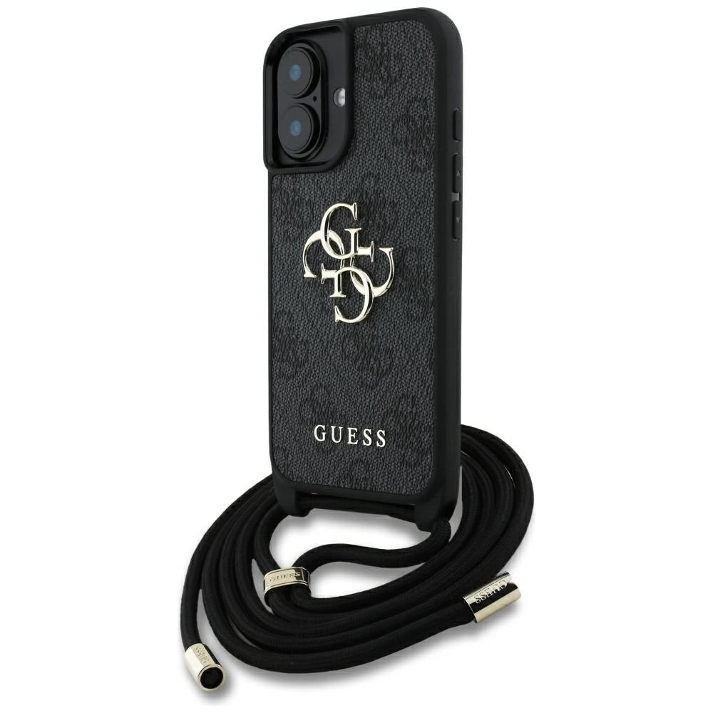 Guess 4G Big Logo Cord Stap Crossbody Case til iPhone 16 Plus sort