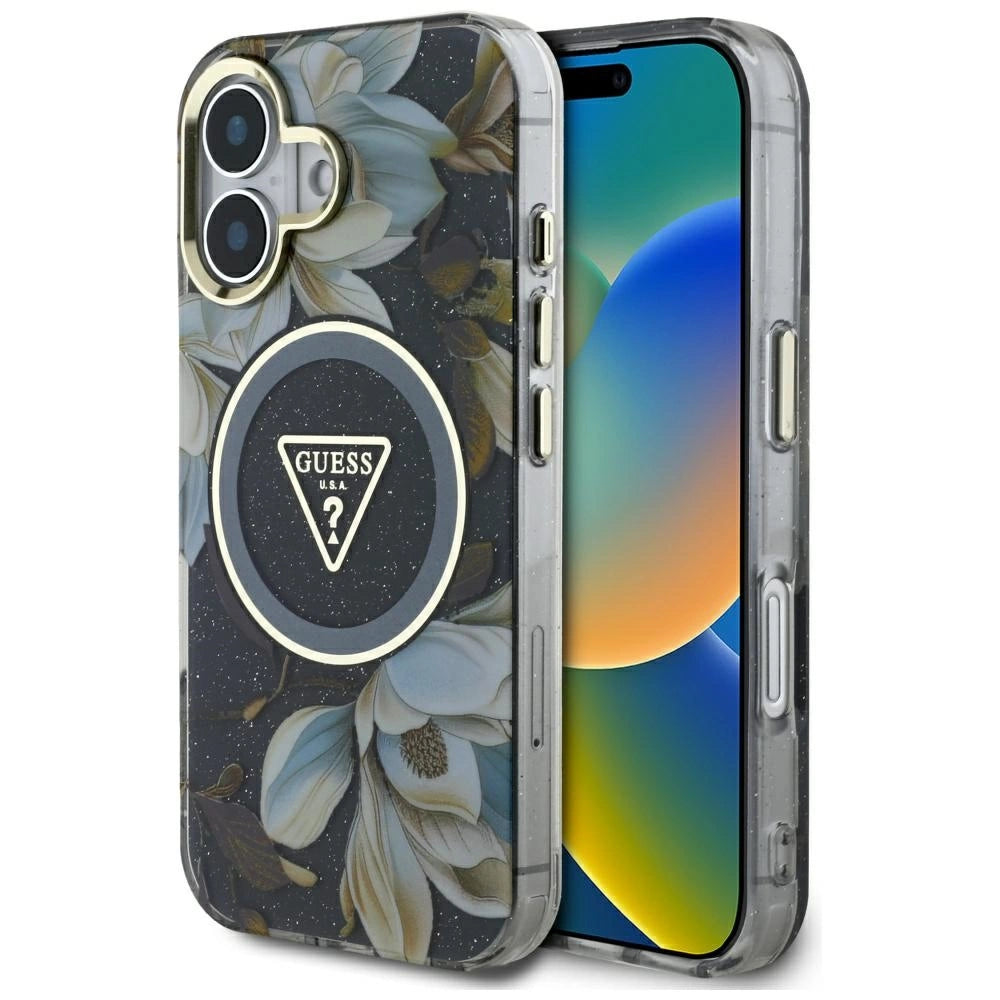 Guess Glitter Flowers Triangle Buttons MagSafe case til iPhone 16 sort